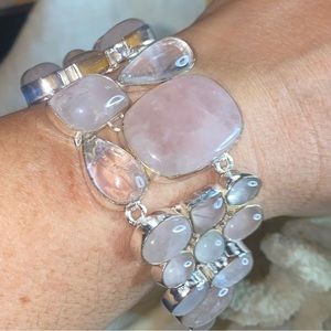 Exquisite Rose Quartz multi-gem cluster statement bracelet cuff